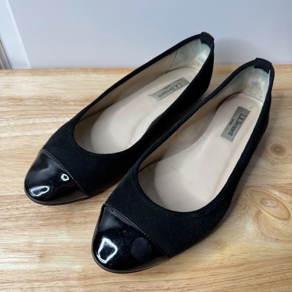 L.K. Bennett Flats Women's 38 7.5 Black Cap Toe Ballet Suede Comfort Designer